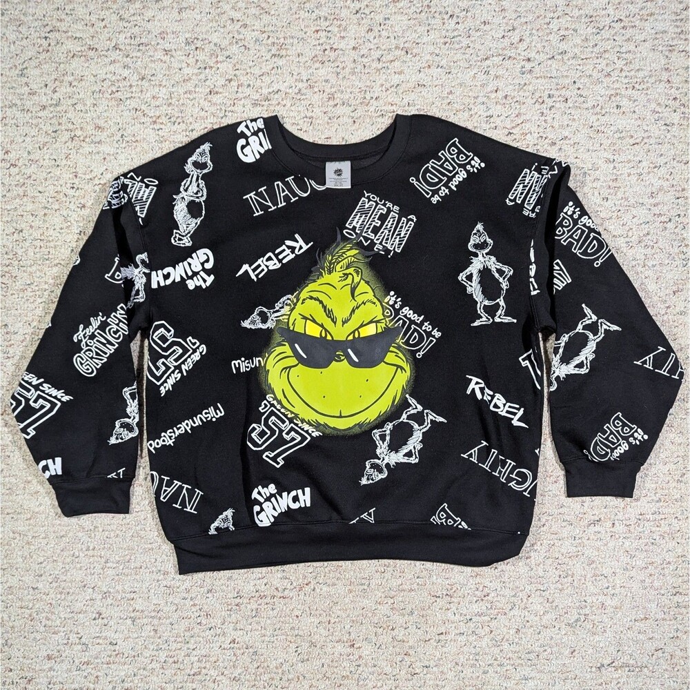 The Grinch Dr. Seuss Sweatshirt Juniors Plus XXXL (21) Black All Over Print